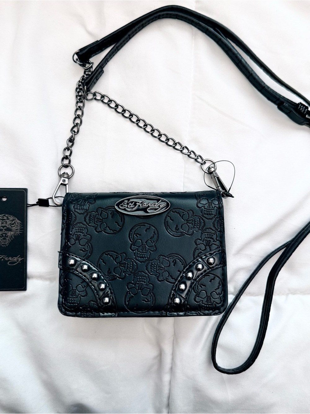 Ed Hardy Black Embossed Skull Leather Crossbody Purse